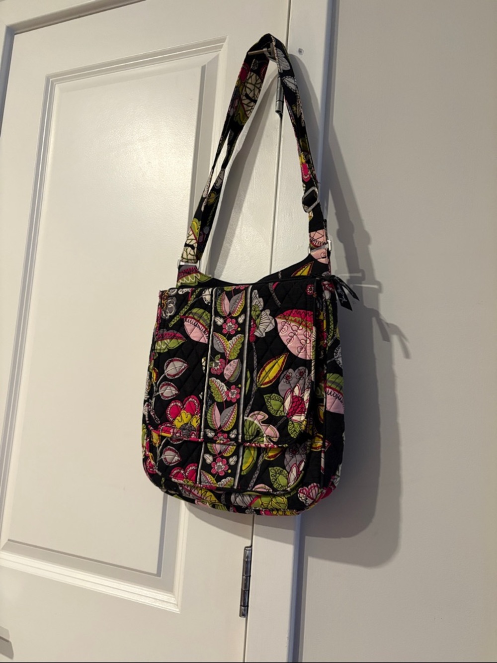 Vera Bradley Black Floral Quilted Shoulder Bag with Pink & Green Accents